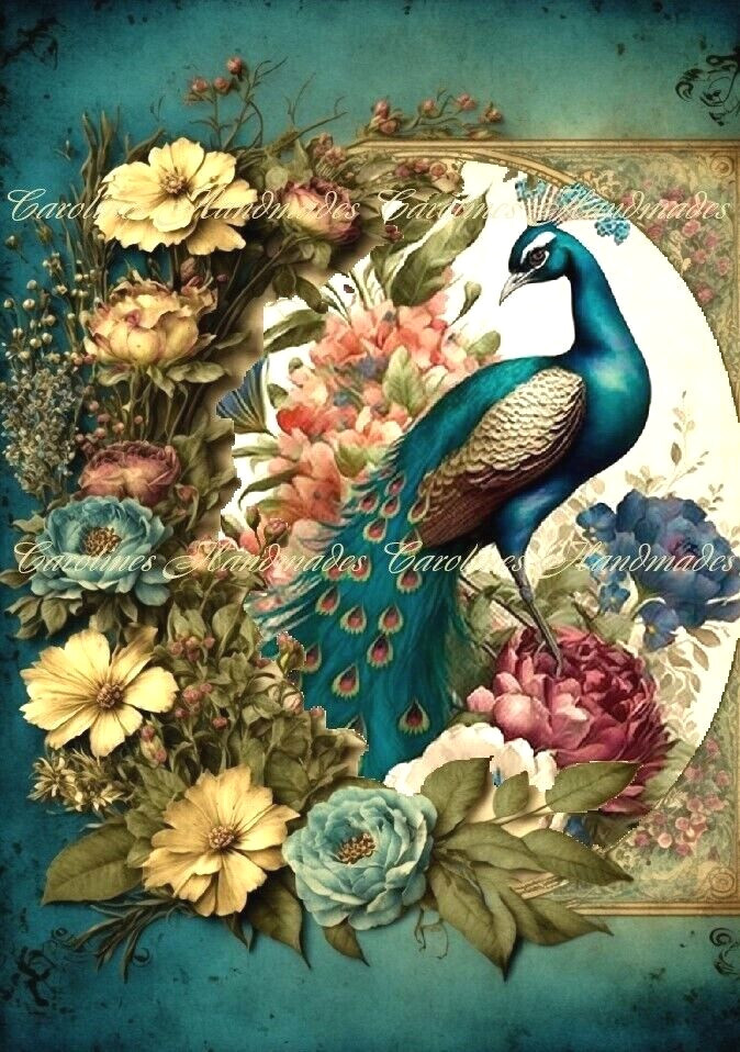 Vintage Peacock Floral A Cotton Fabric Quilt Block Multi-size