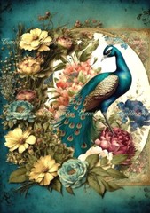 Vintage Peacock Floral A Cotton Fabric Quilt Block Multi-size