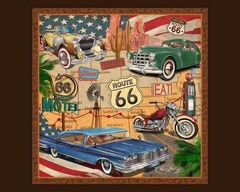 Route 66 Classic Cars Motorcycle Travel 36×44″ Cotton Fabric Panel