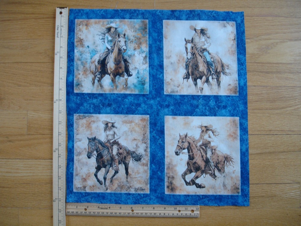 Horses Running Wild Cowgirls Western (A) Cotton Quilt Fabric Panel Blocks (4)
