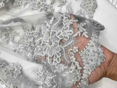 Silver Beaded Lace Fabric By The Yard 3d Floral Flowers Embroidery Sequins Prom
