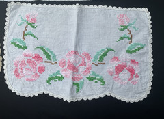 Vintage Handstitched Roses Fabric Scraps Lot Doily Slow Stitch Junk Journal – 4