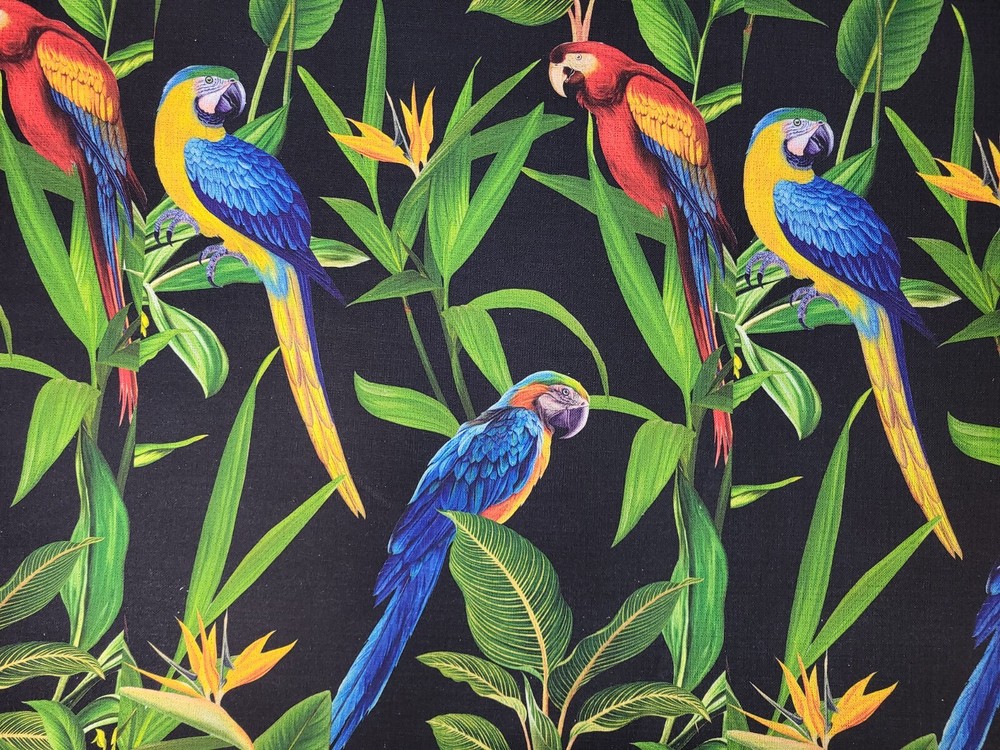 Parrots in Jungle 54″ Wide P Kaufmann Cotton / Rayon Slub Birds on Black