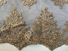 Brianna GOLD Polyester Floral Embroidery with Sequins on BLACK Mesh Lace Fabric
