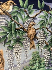 Vtg Blue Cat Fabric Panel Butterfly Bird Lilac Flowers PREWASHED Cotton Quilt