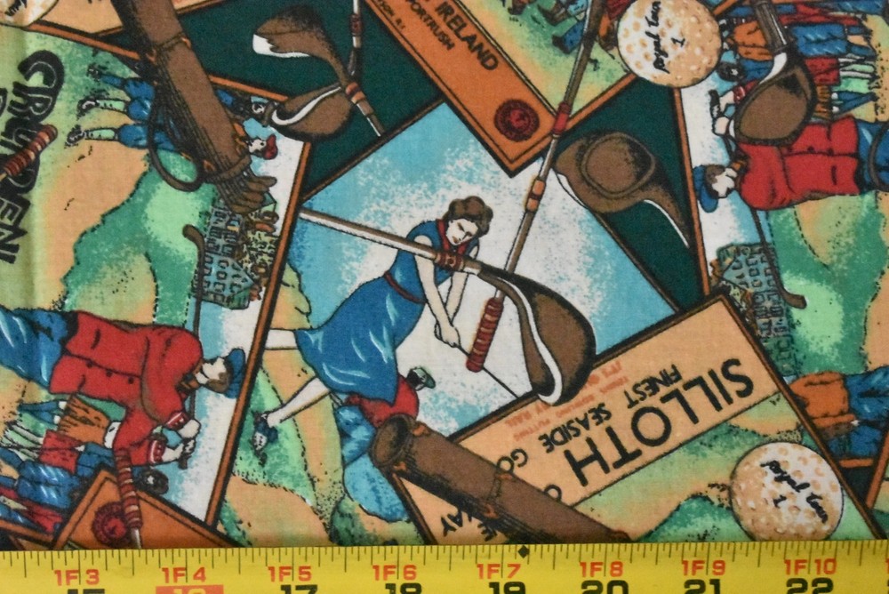 By 1/2 Yd, Vintage/Colorful Golf-Scene Patches Quilt Cotton/Kessler/Concord,V805