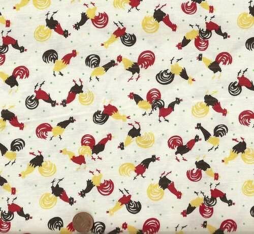 Rise n Shine yellow red black green roosters chickens Maywood fabric 30 in piece