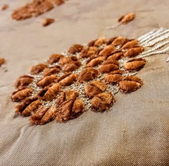Embroidered 100% Silk Fabric BTY 54″ W Irridescent Copper Gold w 3D Floral