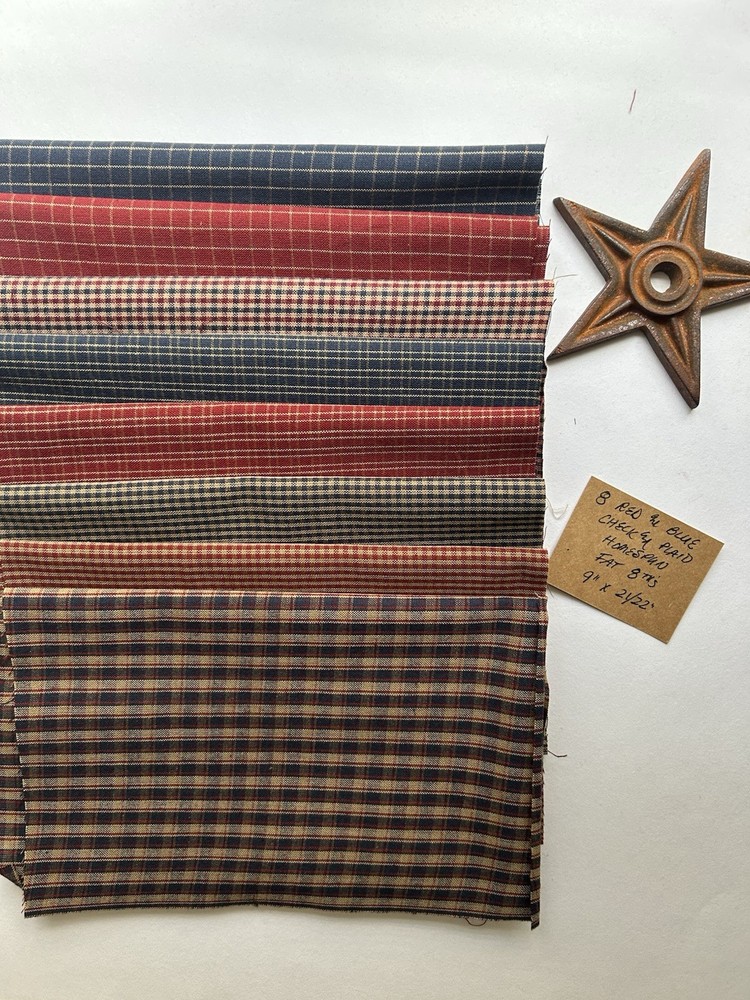 8 RED & BLUE Check & Plaid 100% Cotton Homespun FAT 8THS (9″x21/22″)