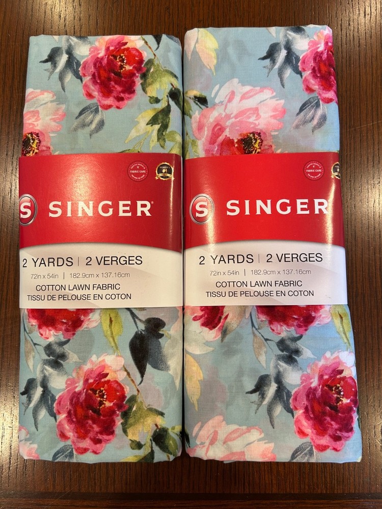 Beautiful! Lot of 2 – SINGER Floral on Blue Cotton Lawn – NEW – 4 Total Yards