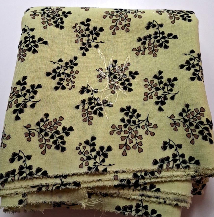 3 yd x 58″ w Polyester Fabric Light Lime w/Black & Brown Leaf Design NO STRETCH