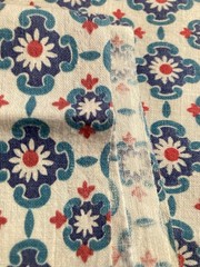 Blue Green Medallions Red Accents on White Very Vintage Cotton Fabric 30″ x 37″W