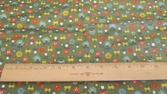 Cotton FABRIC Stylized Flowers Hearts Multi Colored on Olive green 2yd x 42