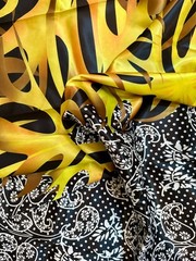 African Print, Satin Fabric- Black, Yellow “Swirl of Ibukun”, Yard or Wholesale