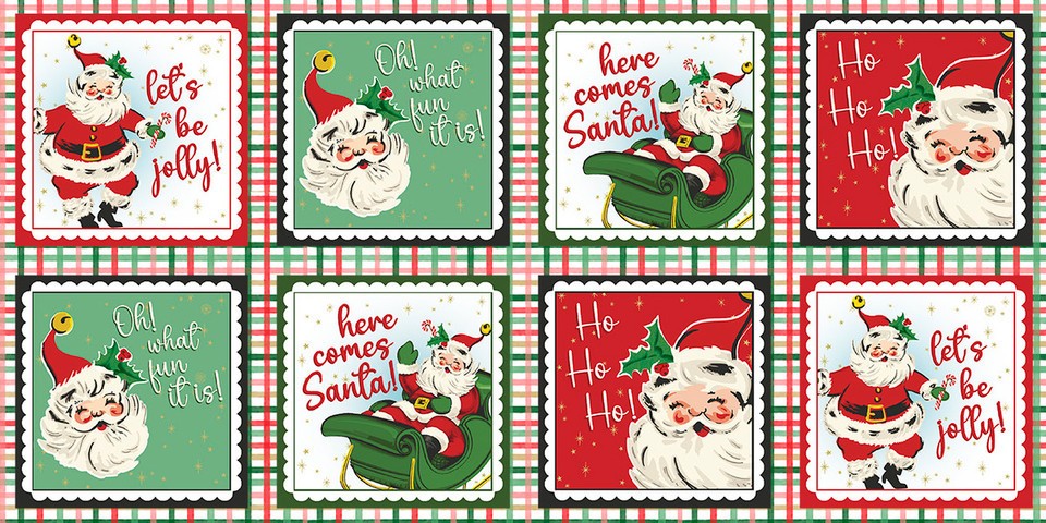 RETRO VINTAGE CHRISTMAS SANTA BLOCKS DANCING SANTAS BY 3 WISHES FABRIC PANEL 22″