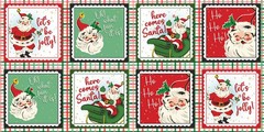 RETRO VINTAGE CHRISTMAS SANTA BLOCKS DANCING SANTAS BY 3 WISHES FABRIC PANEL 22″