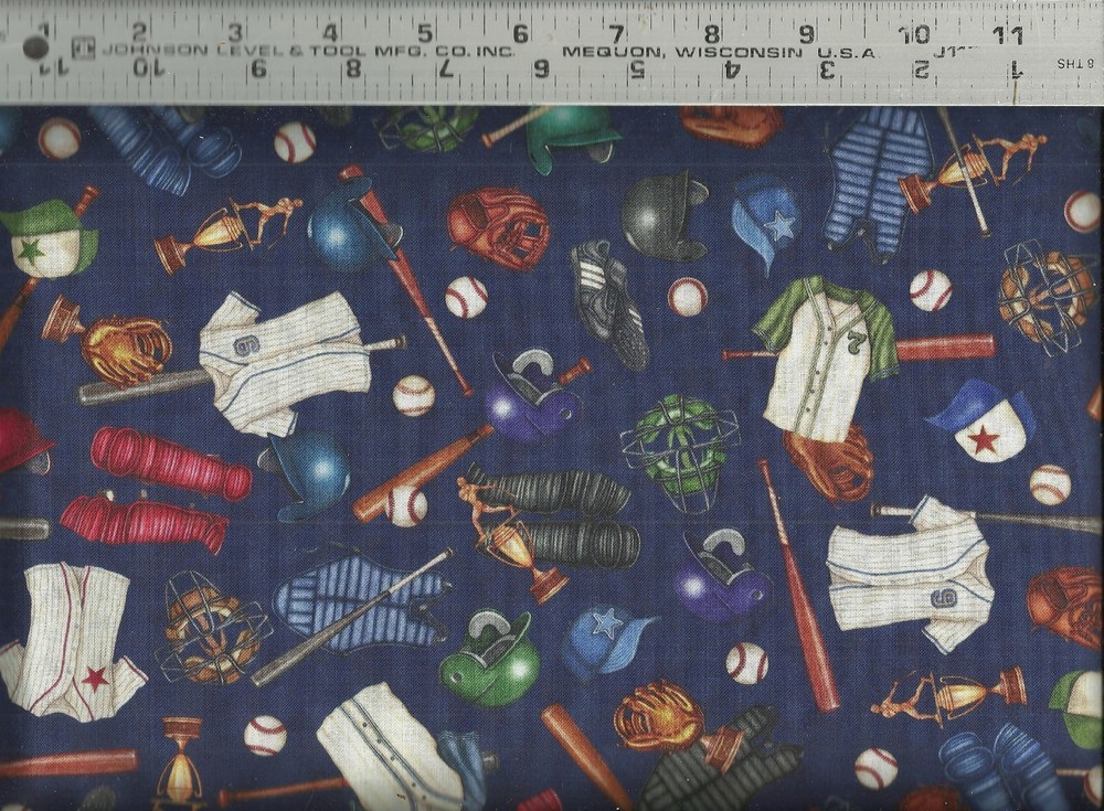 QT Baseball Bats Jerseys Gloves and Balls Navy 100% Cotton Quilting Fabric BTY