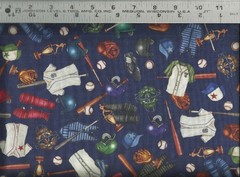 QT Baseball Bats Jerseys Gloves and Balls Navy 100% Cotton Quilting Fabric BTY