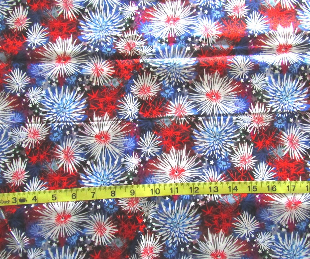 1 1/3 yd Cotton Fabric Patriotic Black with Fireworks In Red White & Blue