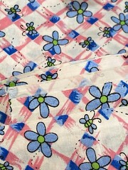 Blue Flowers Bugs on Pink White Lattice 1-7/8Y x 44″ W Vintage Cotton Fabric