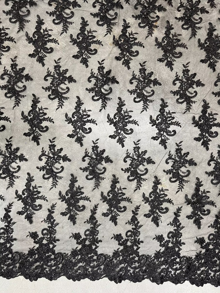 Tess BLACK Polyester Floral Embroidery with Sequins on Mesh Lace Fabric by the