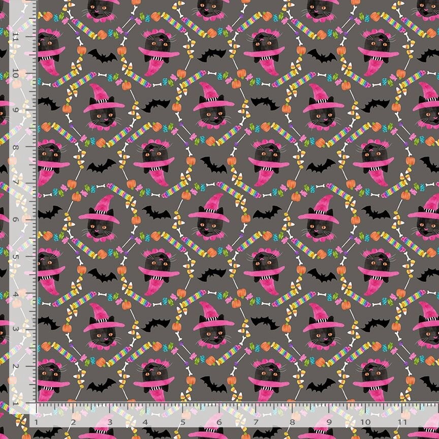 Feline Drive Fabric COSTUME PARTY OMG Treats Slate – Sold by the Yard
