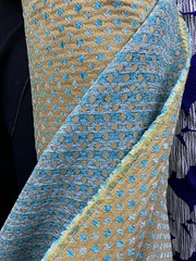 TURQUOISE BLUE GOLD DIAMOND CHENILLE UPHOLSTERY BROCADE FABRIC (56 in.) Sold BTY