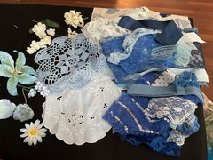 Fabric Scrap Bundle Blue Junk Journal Slow Stitch Lace Embroidery Sewing Vintage