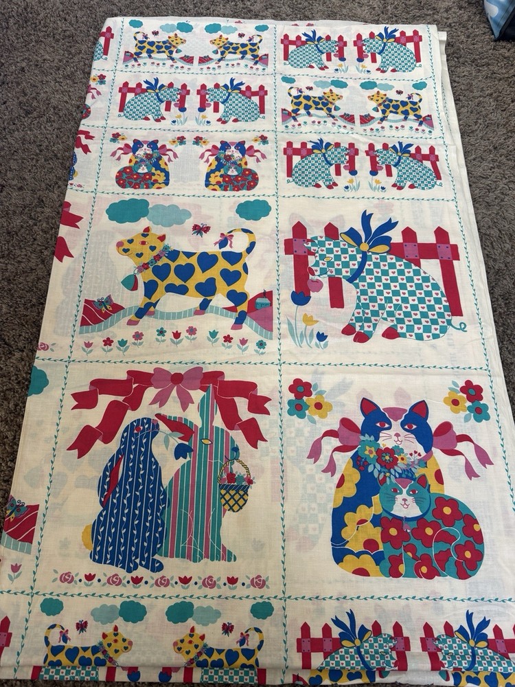 Vintage Fabric Panel Crib Blanket Cat Cow Rabbit Multicolor Cotton 1980’s
