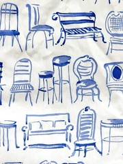 Vtg Spectrum Decorator Fabric 8 Yds Novelty Furniture Sketch Print Blue White