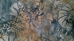 Fabric Hoffman 9-1/2″ Sq Batik Flowers Gray Steel Blue Wheat $2.50/each