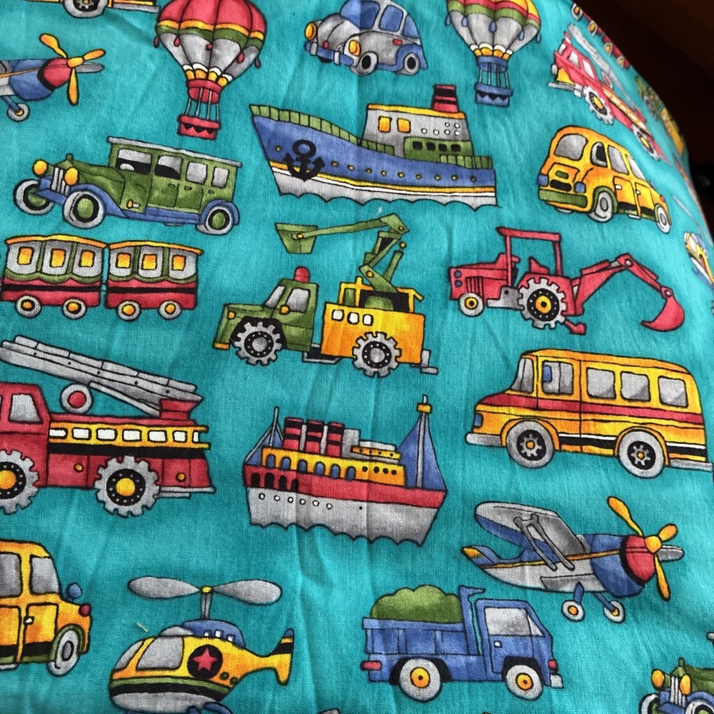 Hollytex Aqua Fabric with Colorful Trains, Trucks & Cars For Kids 3 YARDS