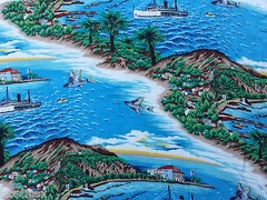 Blue Beach Island Print Rayon Challis Fabric by the Yard