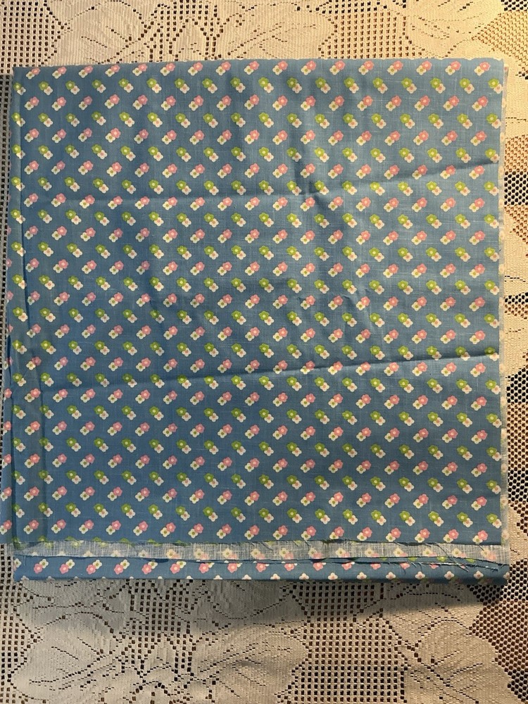 Blue Fabric W/Repeating Daisy Pattern Green Pink White Flowers Cotton 90” X 44”