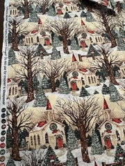 SUSAN WINGET Winter Church Scenic SNOW FALLING Bare TREES Red Cardinals BTY 44″W