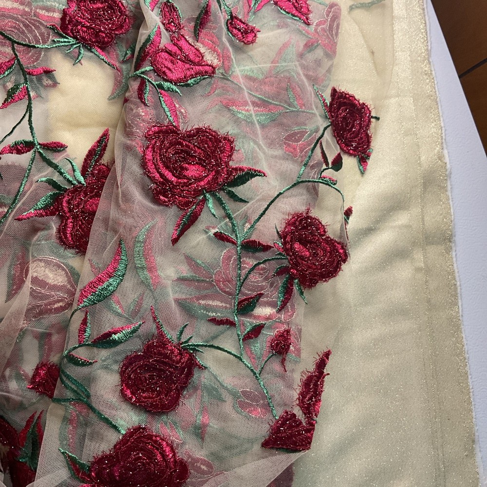 Lot-Embroidered Red Roses Mesh Fabric 53” X 60” & Beige Gold Sparkles 108” X 60”