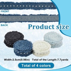 4 Rolls 7.4 Yards Denim Fabric Ribbon Rivets Fringed Frayed Cotton Jean Craft