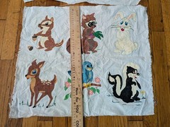 Vintage Hand-Painted Woodland Animal Fabric Panels (2) 19×22 Squirrel Raccoon