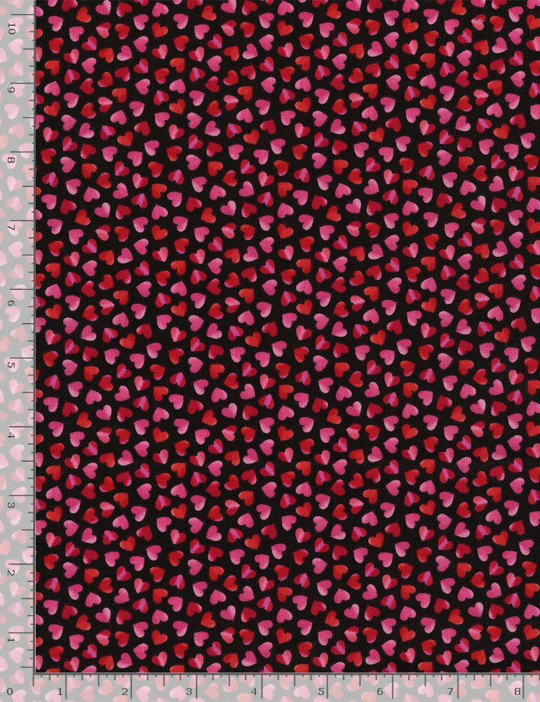 Valentine’s Day Fabric | Pink Red Heart Toss Black | Timeless Treasures YARD