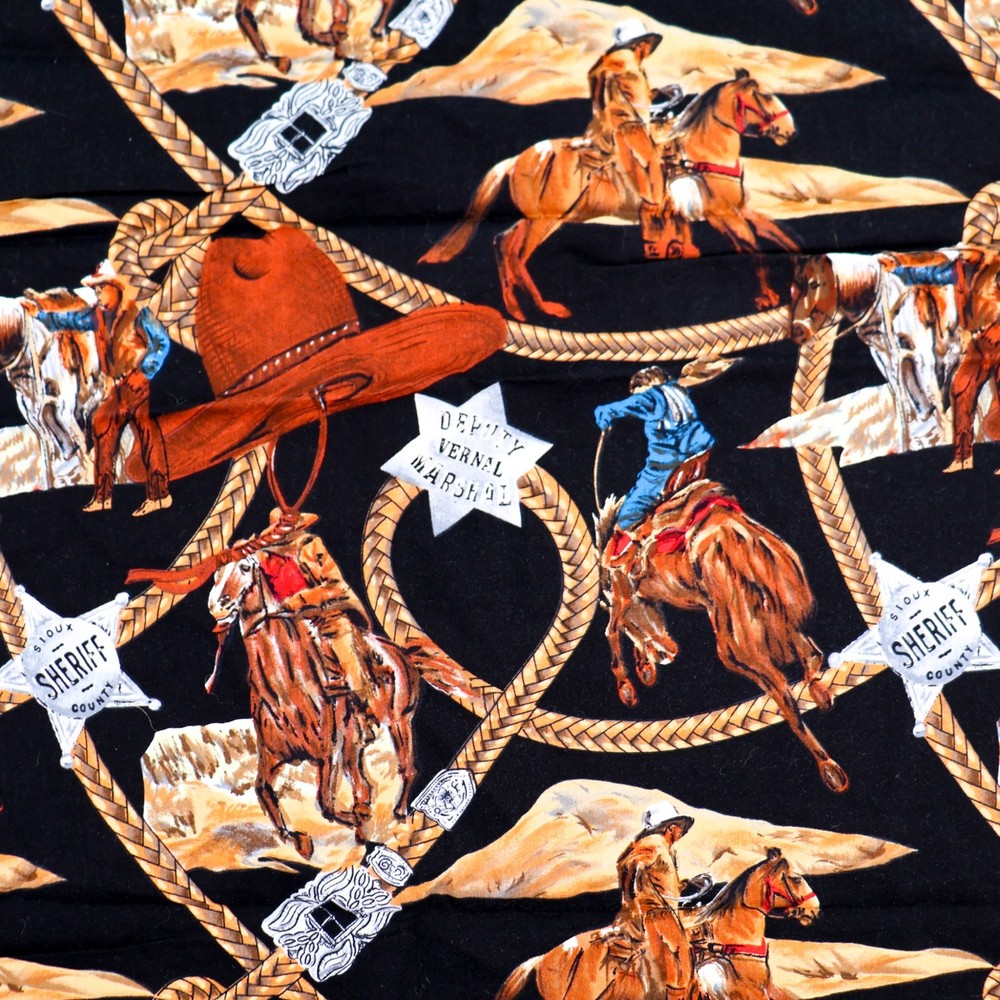 Cotton Quilting Fabric Black Western Cowboys Sheriff Horses BTHY Half Yard