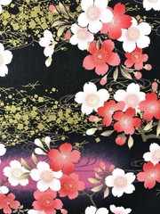 Japanese fabric cherry blossom flowers prunus floral cotton gold black chinese