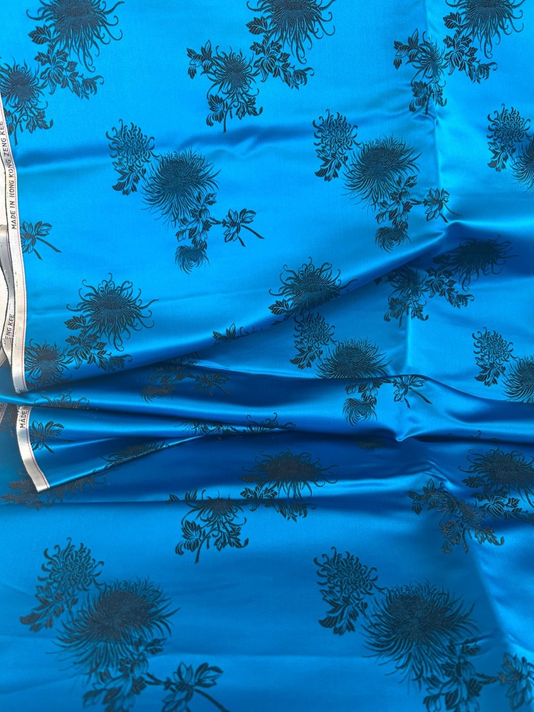 Vtg.silk fabric/material Peacock blue with Black Foral design, made in Hong Kong