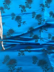 Vtg.silk fabric/material Peacock blue with Black Foral design, made in Hong Kong