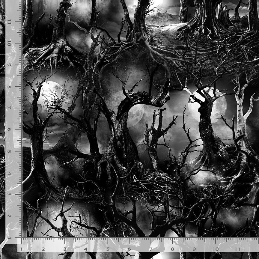 Halloween Fabric | Wicked Creepy Dead Tree Black Gray | Timeless Treasures YARD