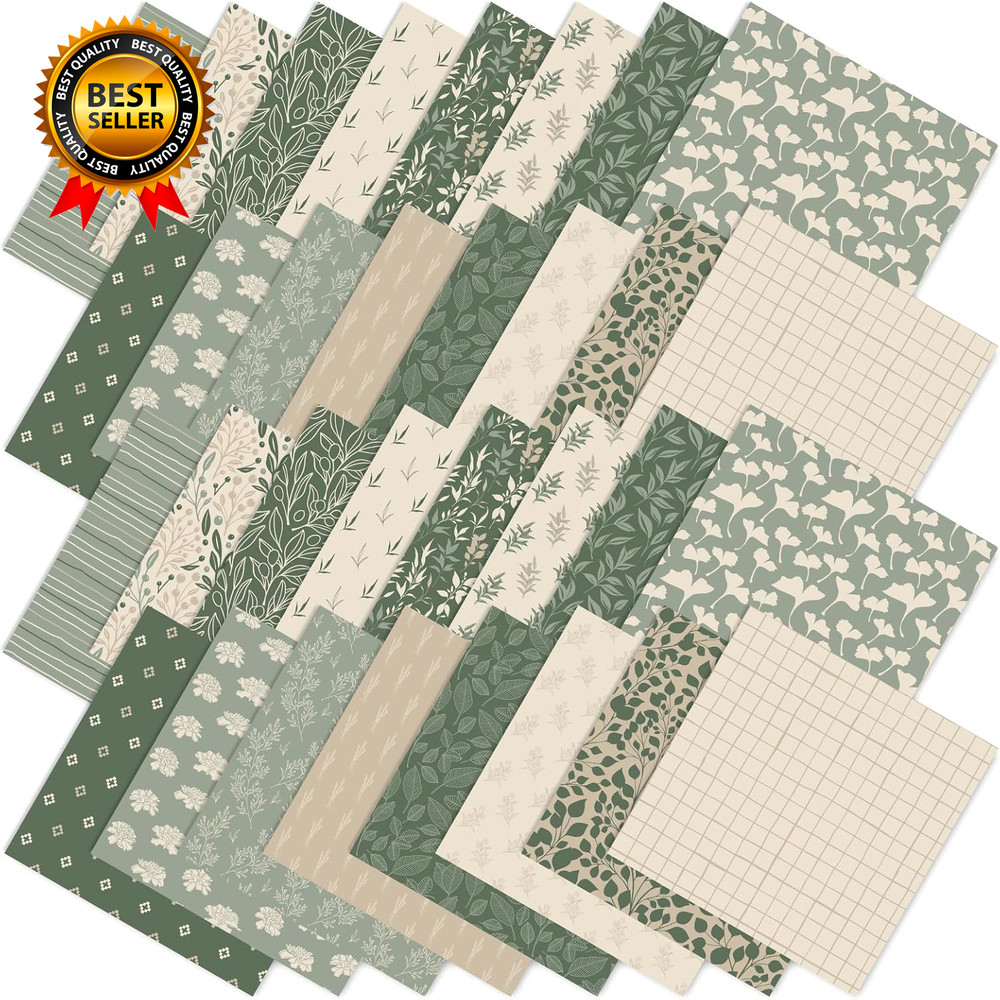 32Pcs Sage Green Floral Cotton Fabric Bundles 10 X 10 Inch Greenery