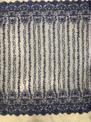 Daphne NAVY BLUE Faux Pearls Beaded Flowers and Vines Lace Embroidery on Mesh F