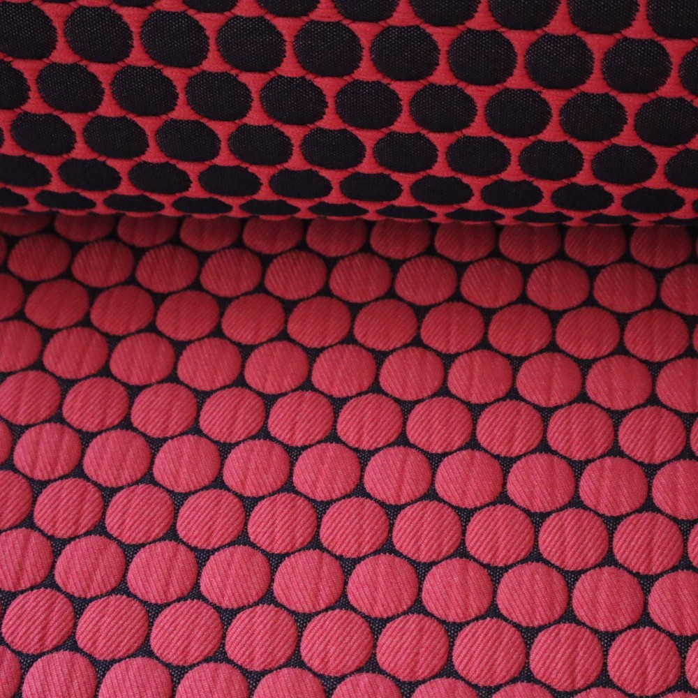 Vtg Retro MCM Designtex Upholstery Fabric “Loop to Loop” Red, Black Dots 7.5 yds