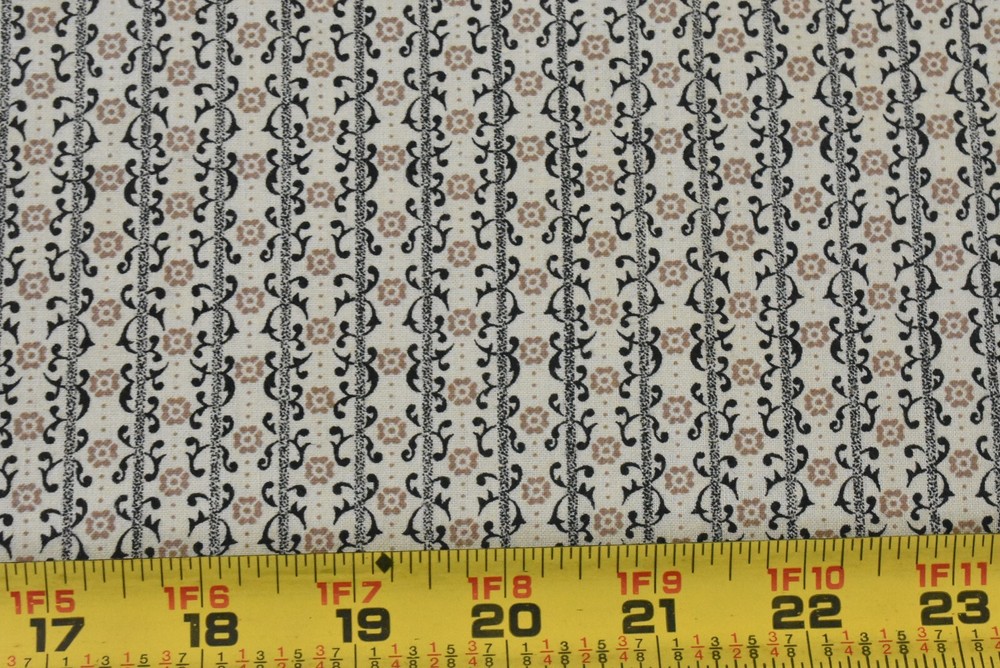 20″ Long, Vintage, Brown & Black Floral Stripes on Tan, Fabric Traditions, V05
