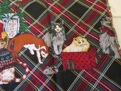 Cotton Blend FABRIC Hamil Textiles Christmas Cats Border on Tartan Plaid 1yd 34″