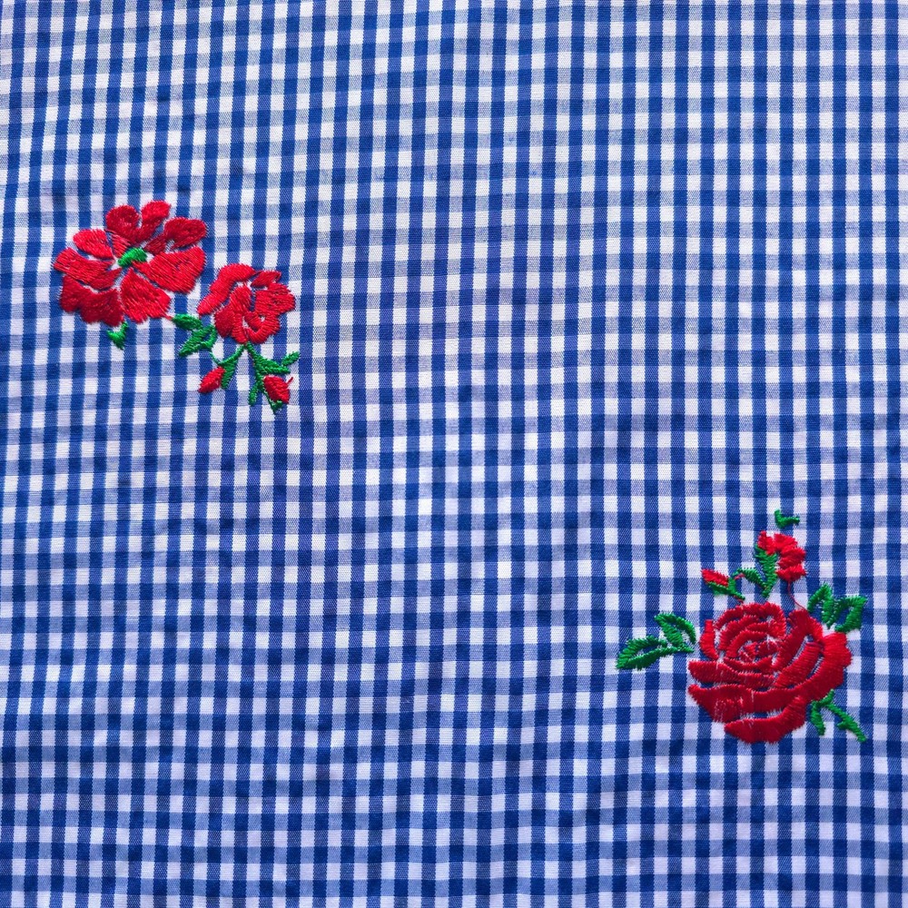 Gingham with Embroidered Roses Polycotton Fabric 56″ By The Yard